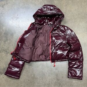 Glossy Wine Purple Cropped Puffer Jacket Hooded Streetwear